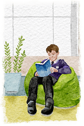 Pupil reading on a green beanbag illustration