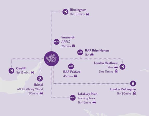 Map showing distances to military bases