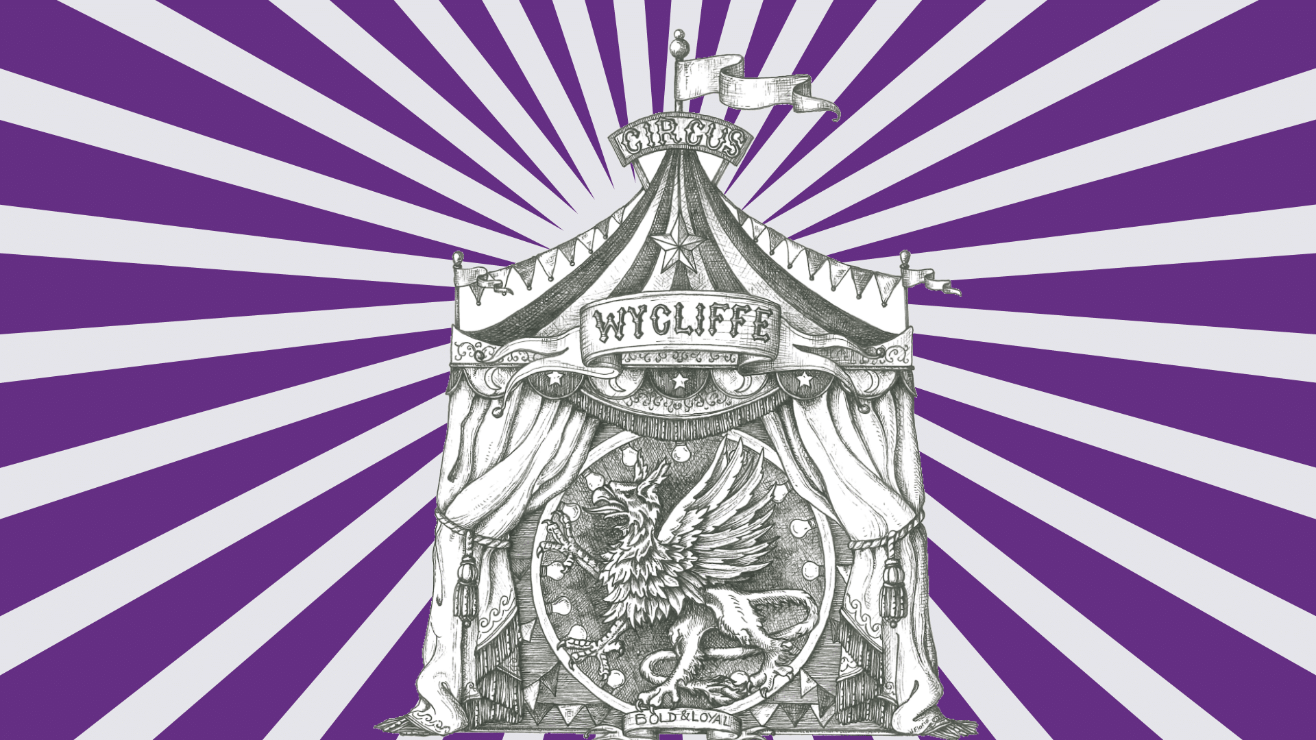 Purple background with illustration of circus tent with Wycliffe writing